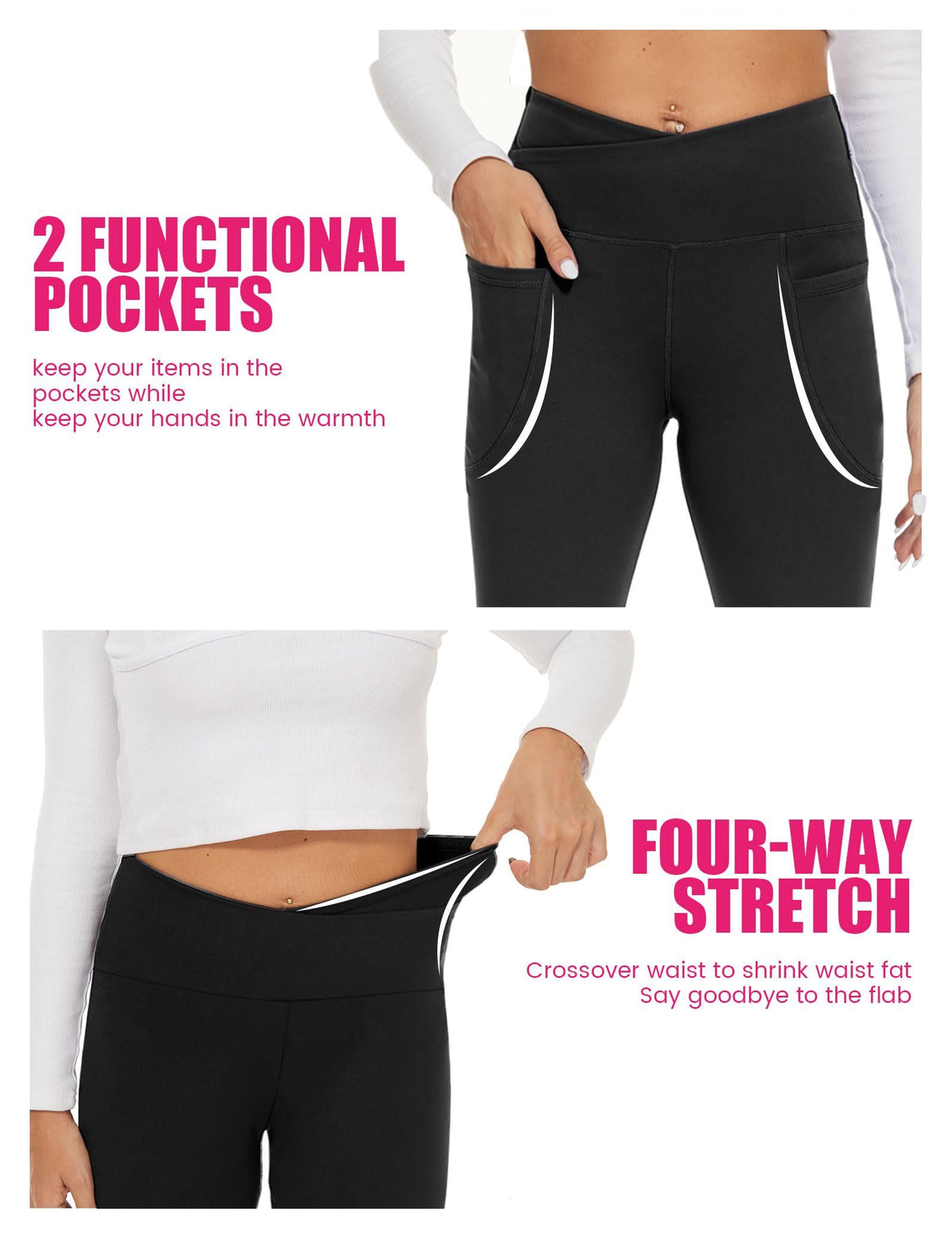 Flared Pants - Cropped Crossover Waist Pockets, Polyester Double Mill 2 Strips, Black, Sea Salt White