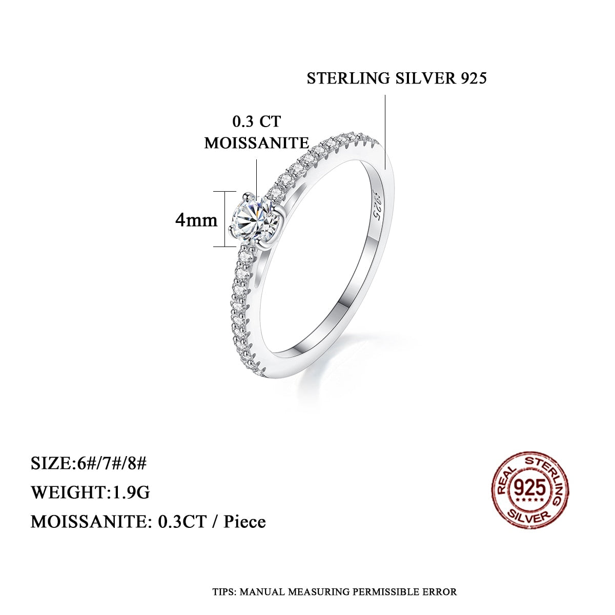 Real 925 Sterling Silver Small Moissnaite Ring