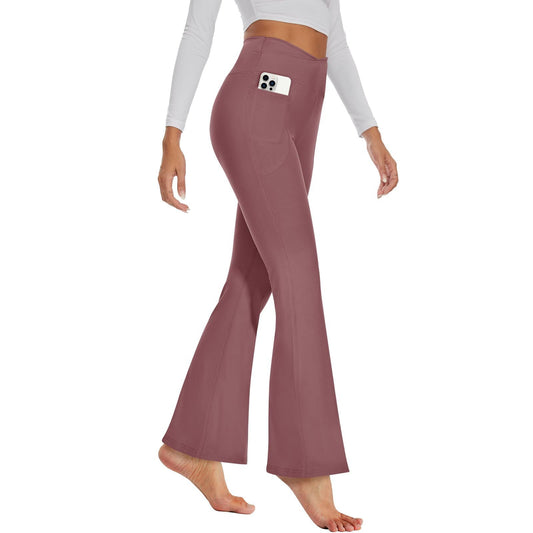 Flared Pants - Cropped Crossover Waist Pockets In Solid Crimson
