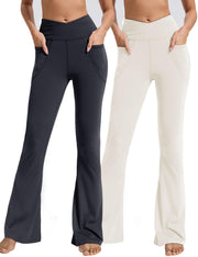 Flared Pants - Cropped Crossover Waist Pockets, Polyester Double Mill 2 Strips, Black, Sea Salt White