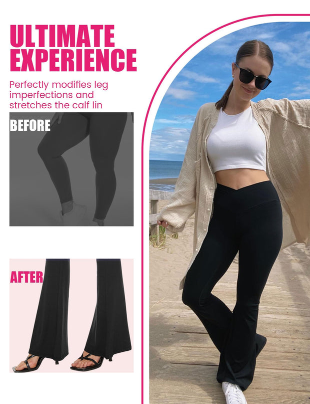 Flared Pants - Cropped Crossover Waist Pockets, Polyester Double Mill 2 Strips, Black, Sea Salt White